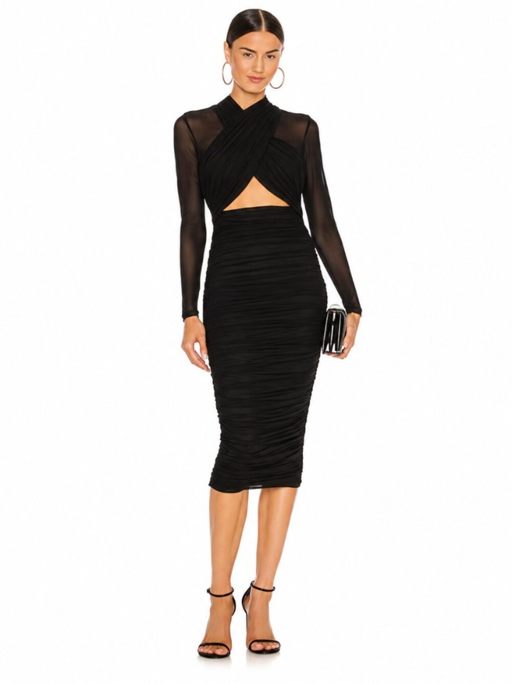 Bardot Black Aliyah Cutout Midi Dress Sheer Long Sleeves Size XS NWT